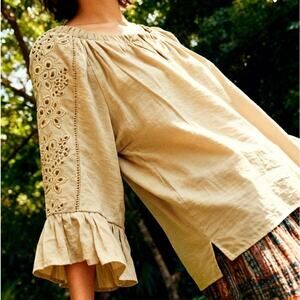 Wit & Wisdom Beige Boho Blouse Embroidered Flare Sleeve Peasant Top Size L